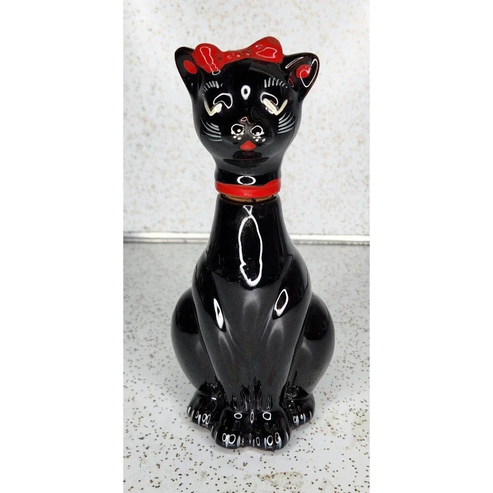 Shafford Japan Redware Black Cat Red Bow Sake Cruet Bottle Vintage HTF Rare